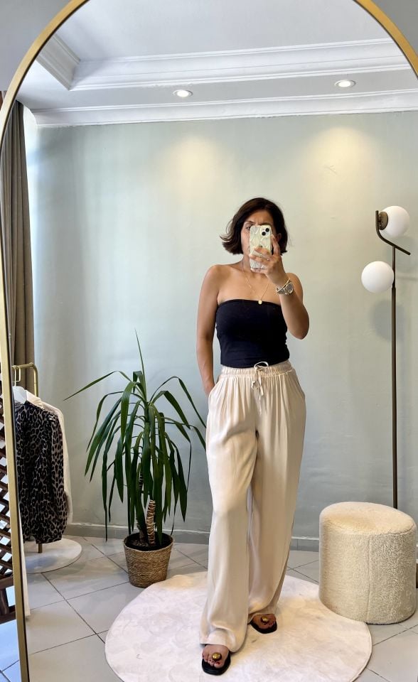 Saten Bağcıklı Pantolon Bej