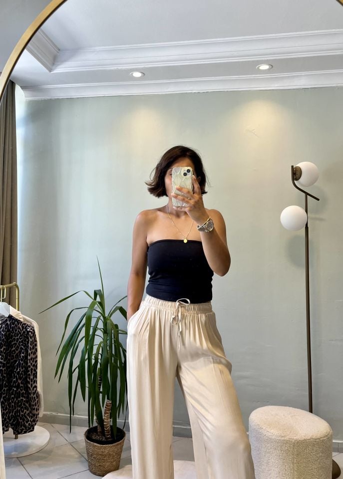 Saten Bağcıklı Pantolon Bej