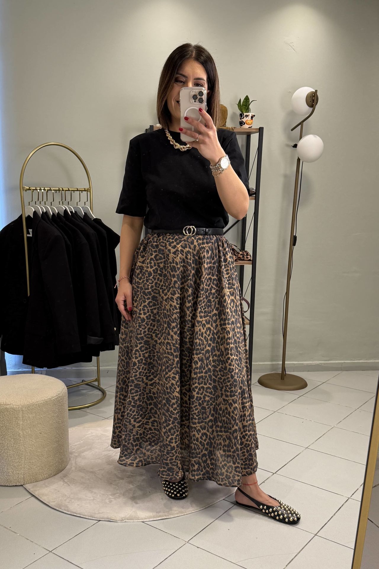 Leoparlı Pileli Beli Lastikli Maxi Etek
