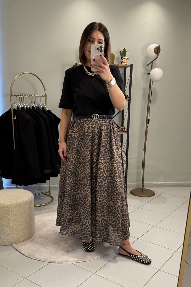 Leoparlı Pileli Beli Lastikli Maxi Etek