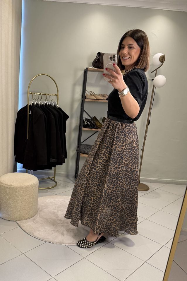 Leoparlı Pileli Beli Lastikli Maxi Etek