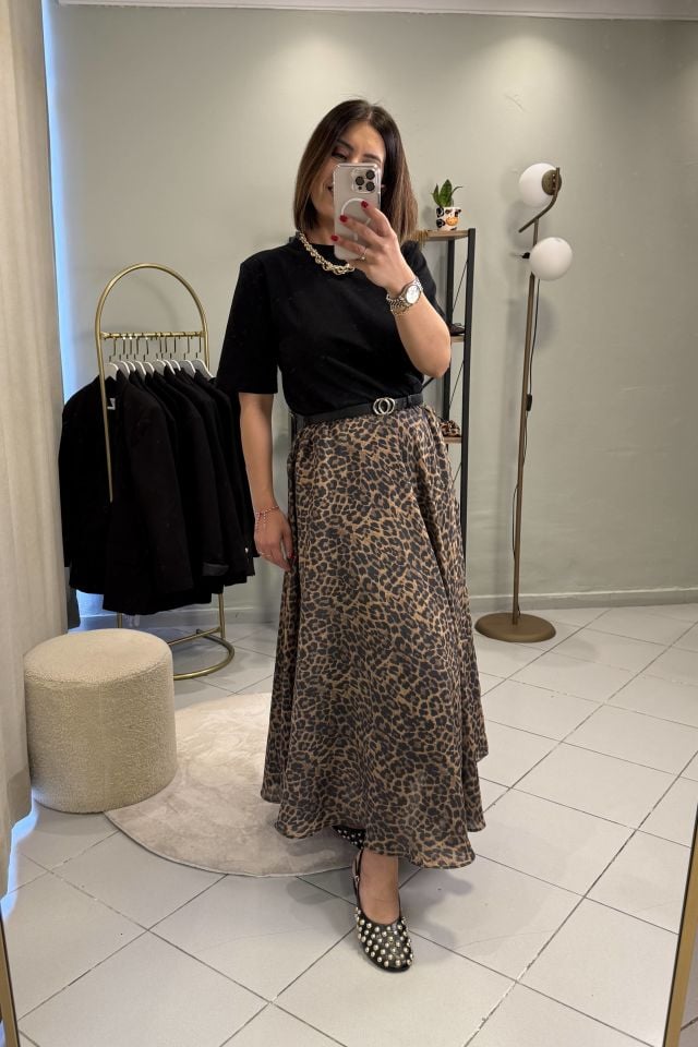 Leoparlı Pileli Beli Lastikli Maxi Etek