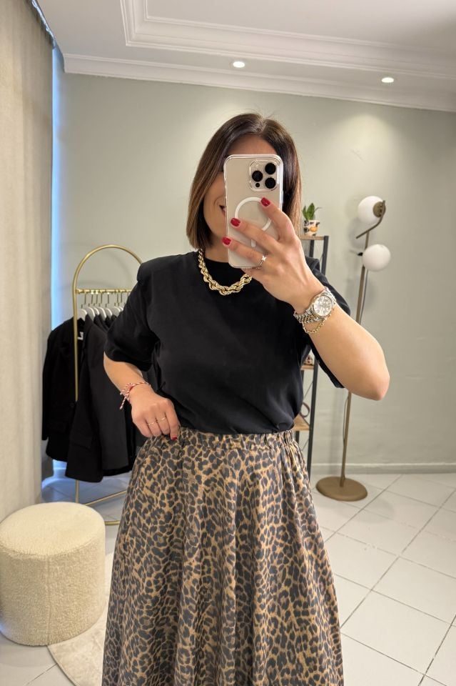 Leoparlı Pileli Beli Lastikli Maxi Etek