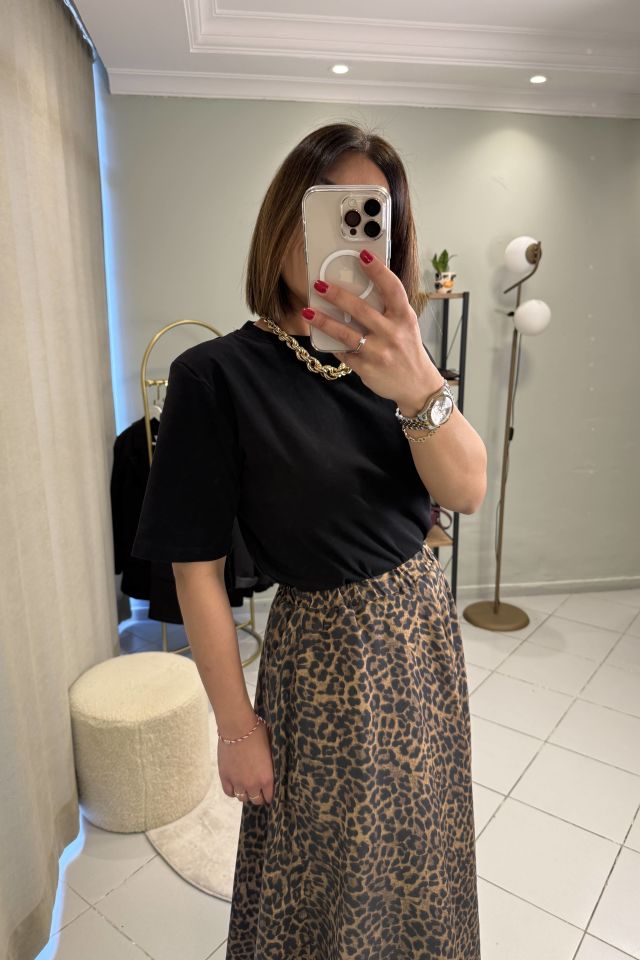Leoparlı Pileli Beli Lastikli Maxi Etek