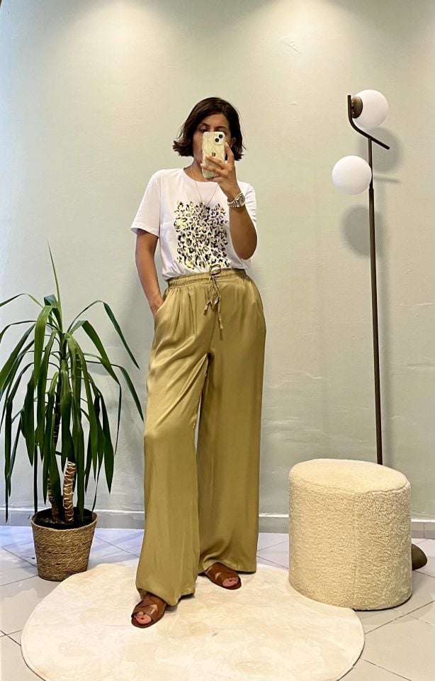 Saten Bağcıklı Pantolon Haki