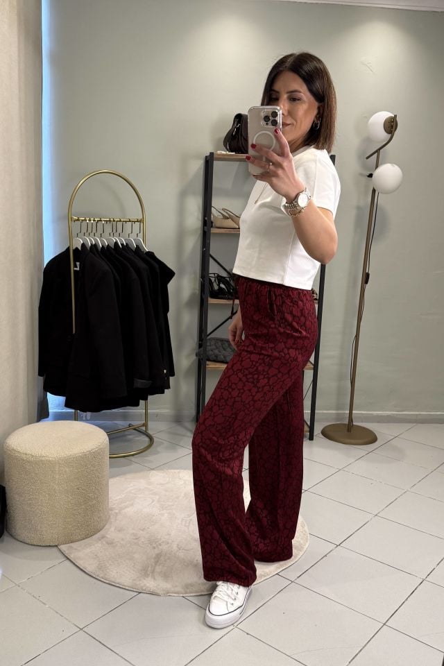 Beli Bağcıklı Leopar Desenli Pantolon Bordo