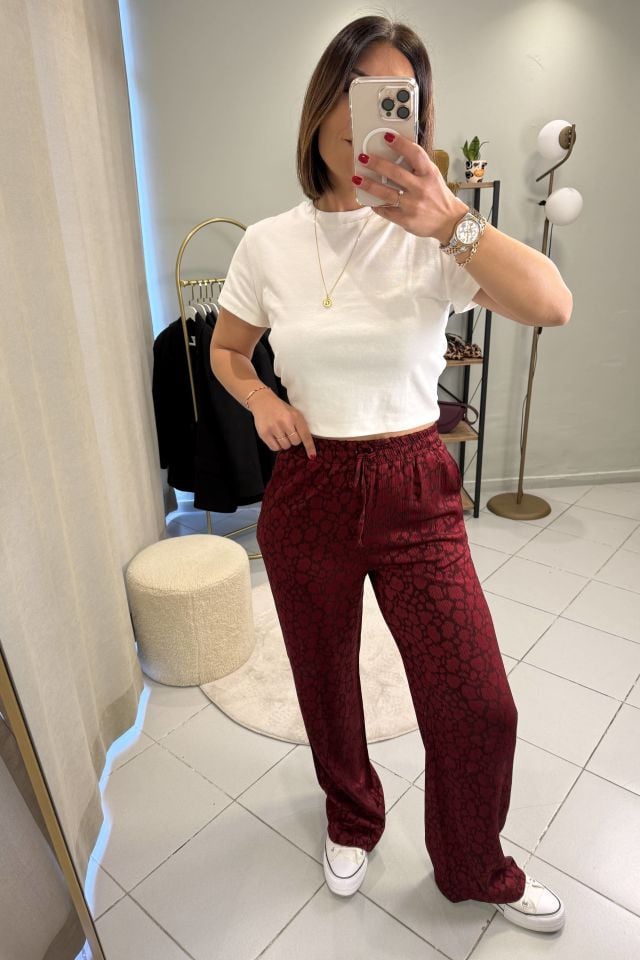 Beli Bağcıklı Leopar Desenli Pantolon Bordo
