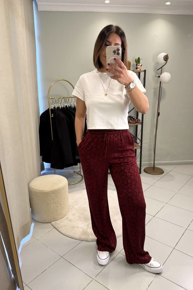 Beli Bağcıklı Leopar Desenli Pantolon Bordo