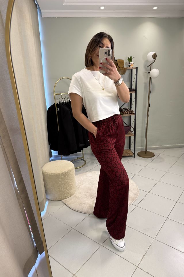 Beli Bağcıklı Leopar Desenli Pantolon Bordo