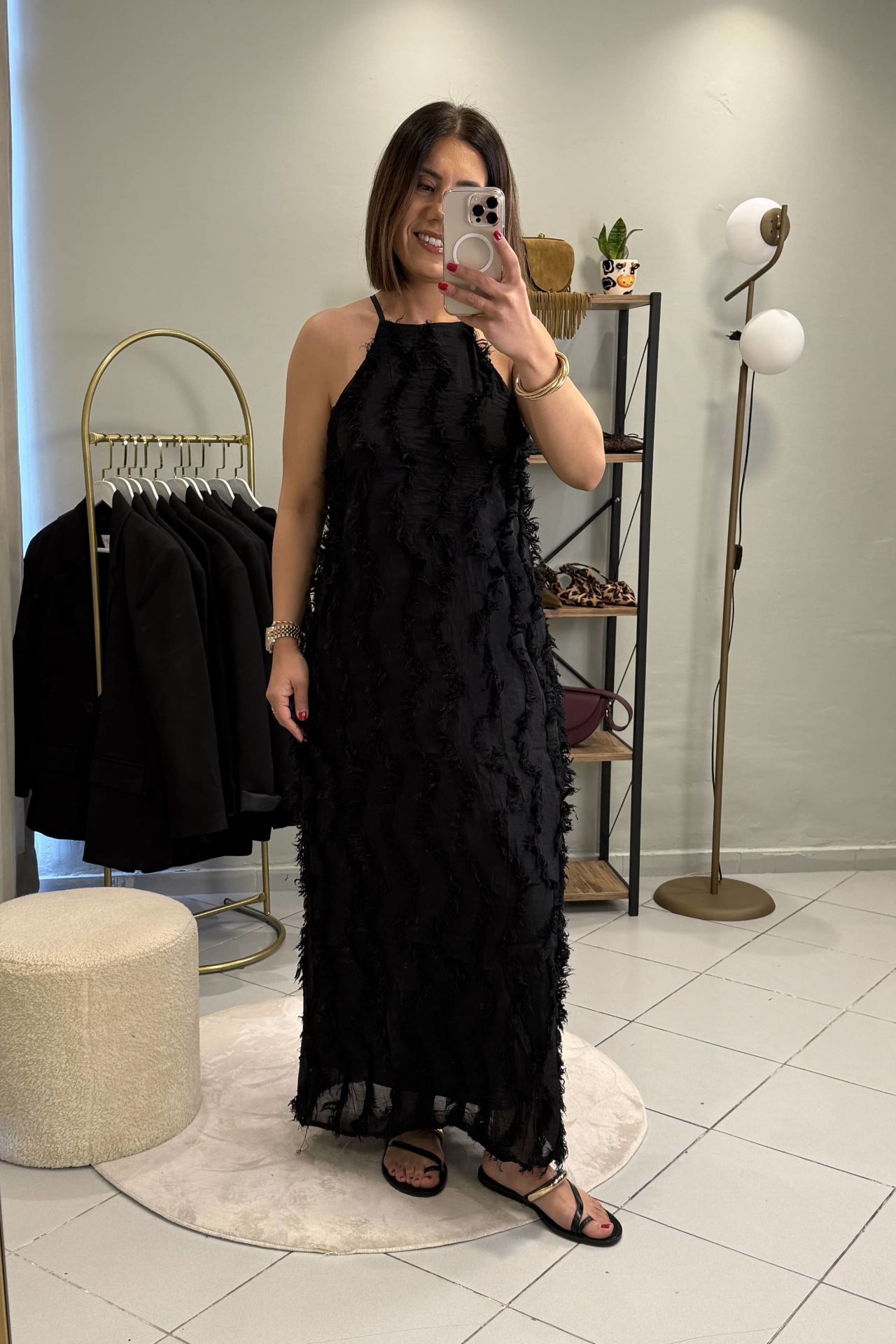 Halter Yaka Püskül Detaylı Maxi Elbise Siyah