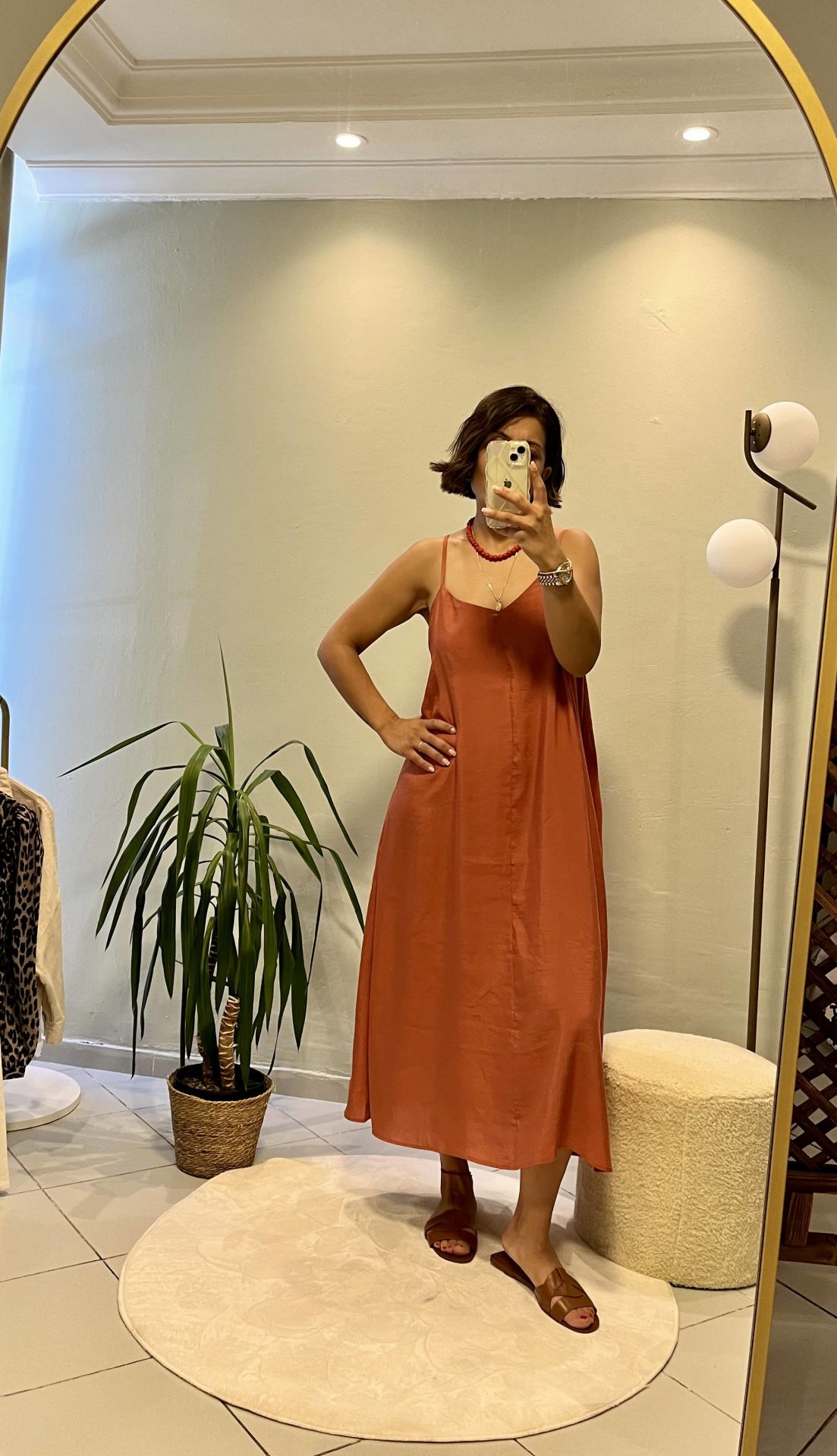 İp Askılı Midi Elbise Kiremit