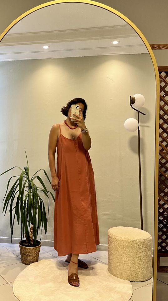 İp Askılı Midi Elbise Kiremit