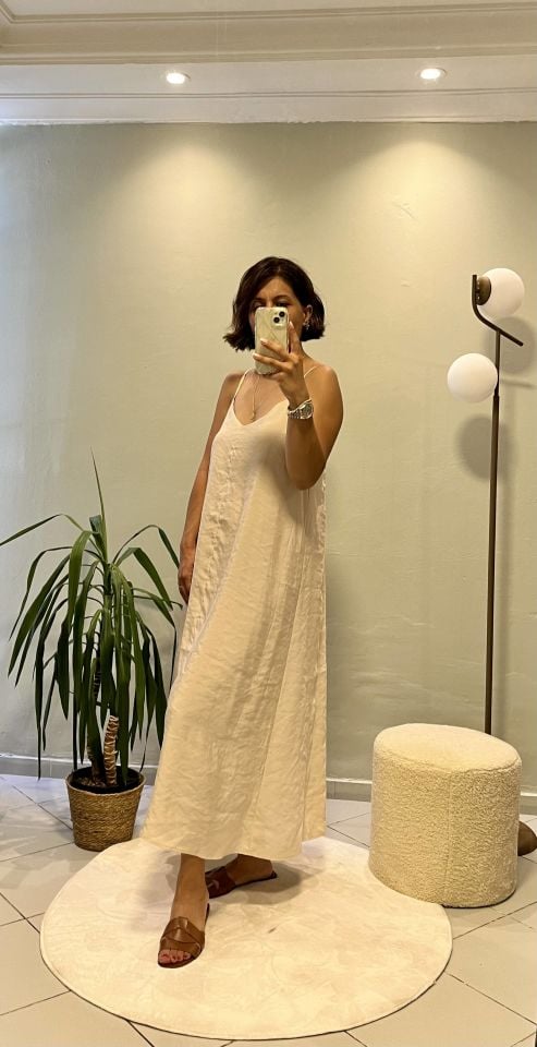 İp Askılı Midi Elbise Bej