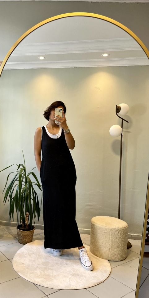 Yırtmaçlı Siyah Beyaz İkili Elbise