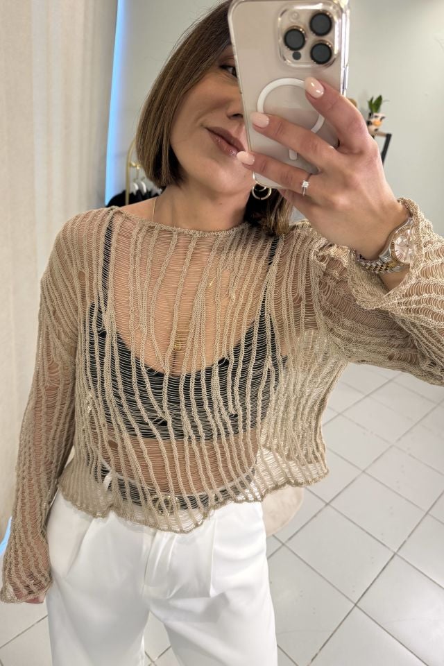 Ajurlu Triko Bluz Vizon