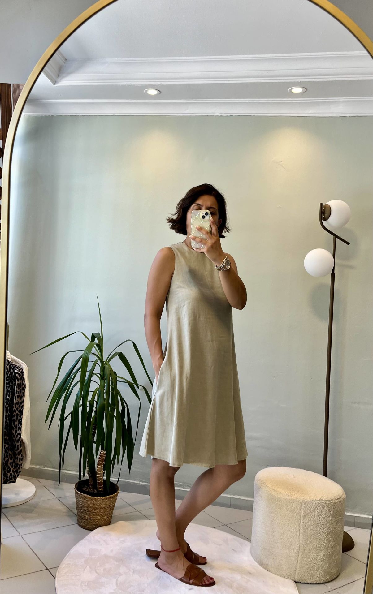 Sıfır Kol Kısa Keten Elbise Haki