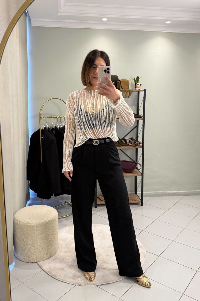 Ajurlu Triko Bluz Ekru