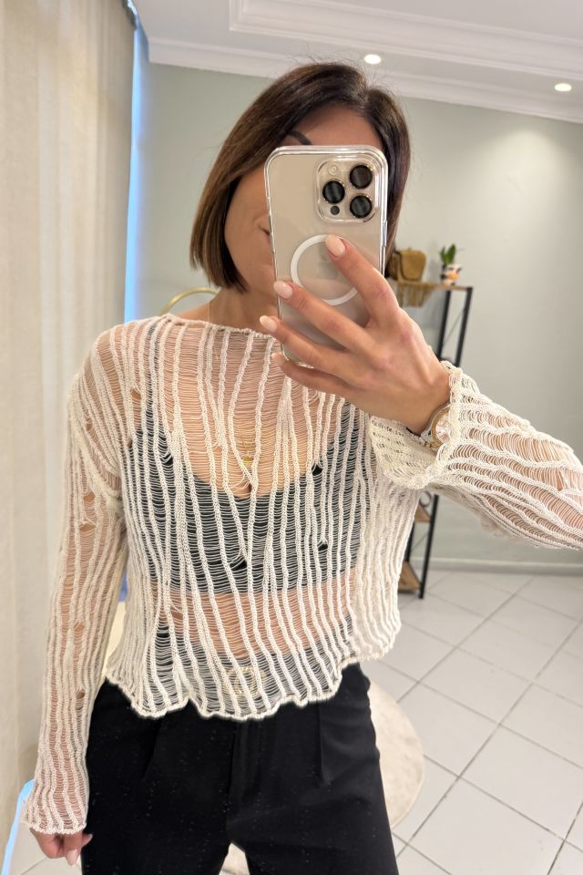 Ajurlu Triko Bluz Ekru