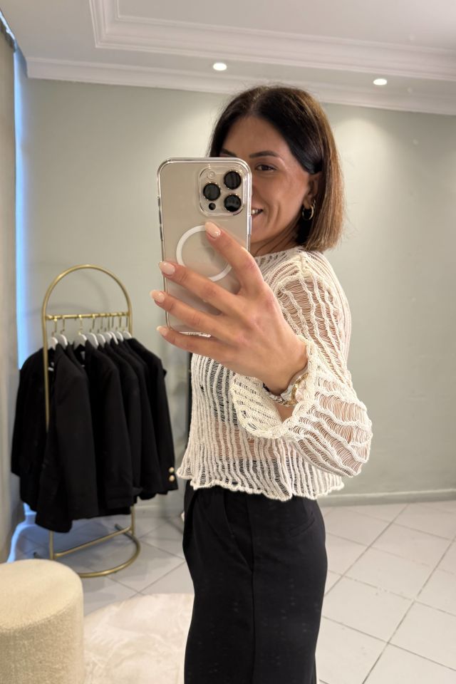 Ajurlu Triko Bluz Ekru