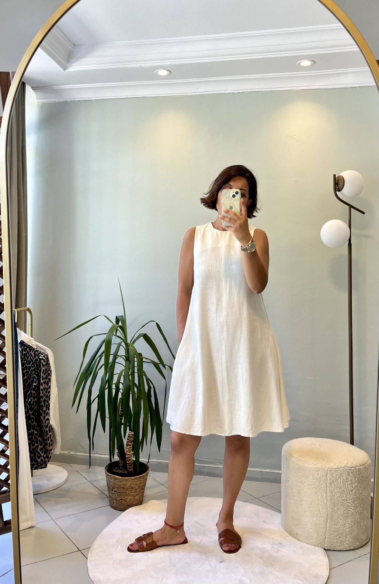 Sıfır Kol Kısa Keten Elbise Bej