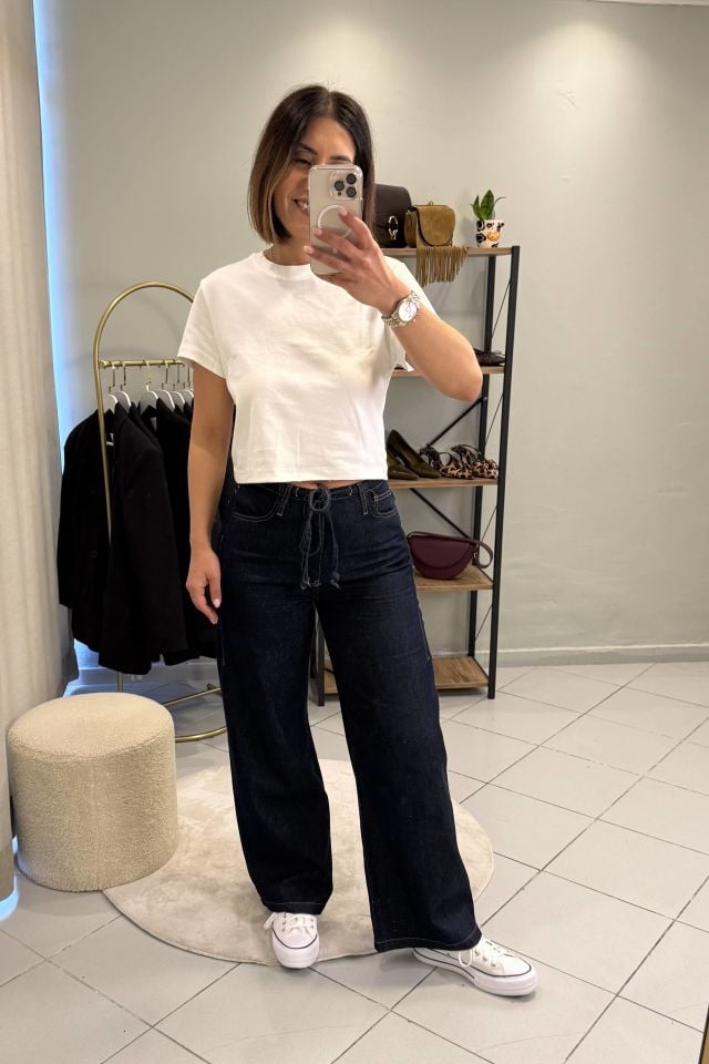 Bağcıklı Jean Pantolon Koyu Mavi