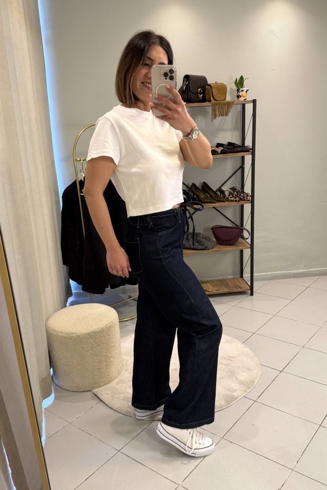 Bağcıklı Jean Pantolon Koyu Mavi