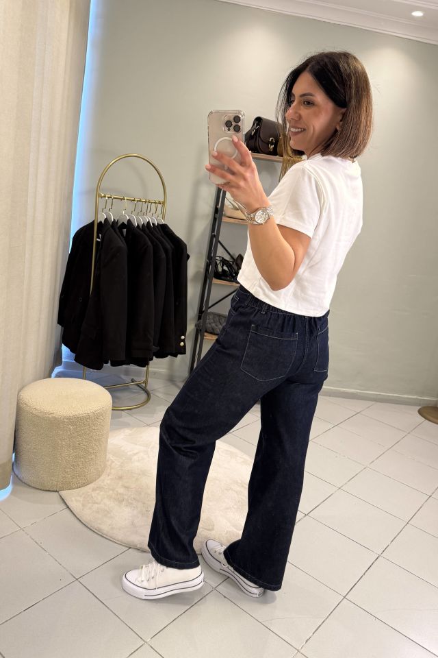 Bağcıklı Jean Pantolon Koyu Mavi