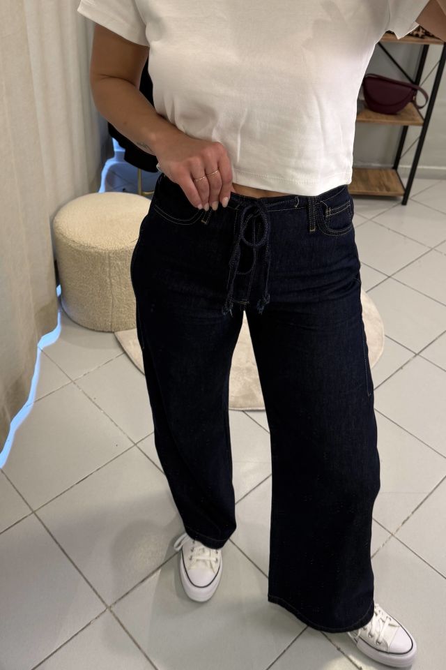 Bağcıklı Jean Pantolon Koyu Mavi