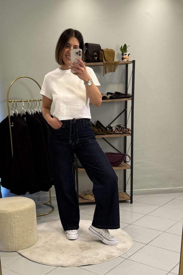 Bağcıklı Jean Pantolon Koyu Mavi