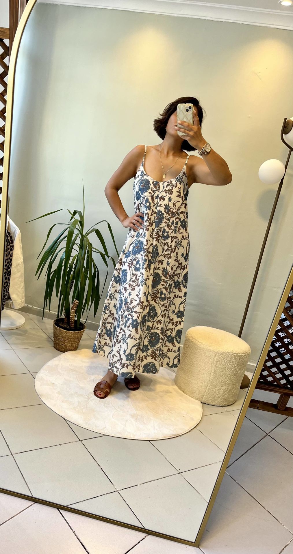 Çiçek Desenli Maxi Elbise Mavi-Kahve