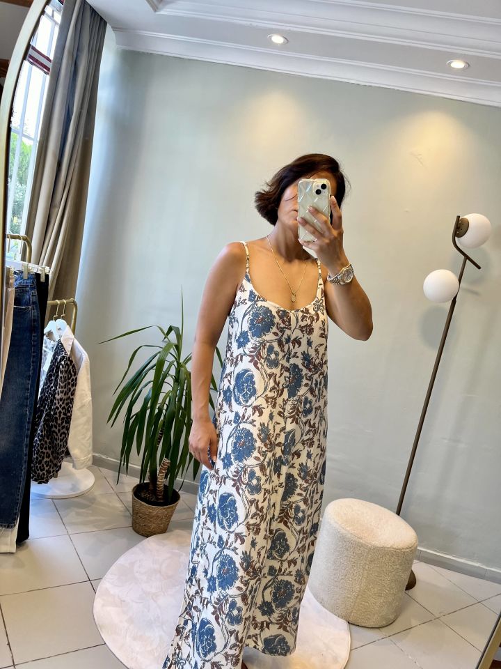 Çiçek Desenli Maxi Elbise Mavi-Kahve