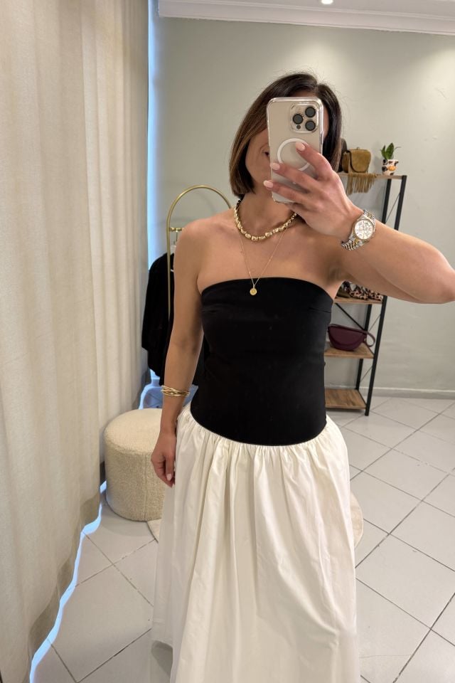 Straplez Poplin Etekli Siyah Ekru Elbise