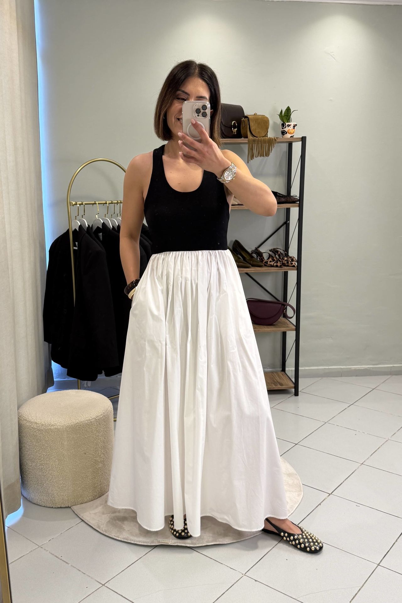 Halter Poplin Etekli Siyah Beyaz Elbise