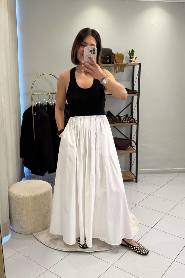 Halter Poplin Etekli Siyah Beyaz Elbise