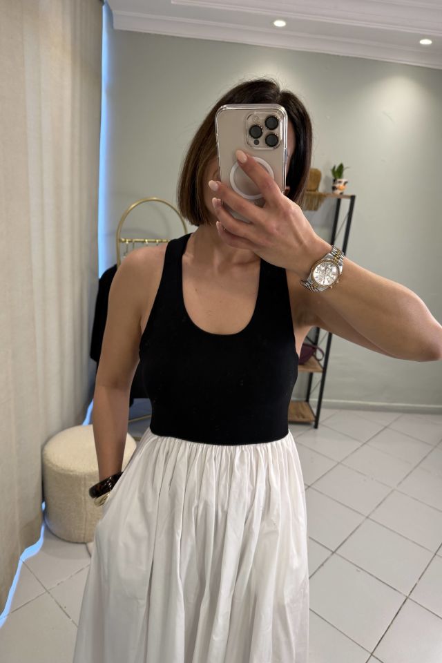 Halter Poplin Etekli Siyah Beyaz Elbise