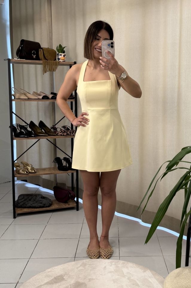 Boyundan Bağlı Mini Elbise Sarı