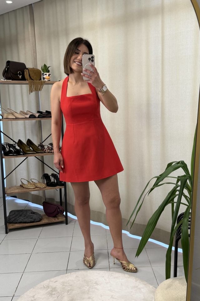 Boyundan Bağlı Mini Elbise Kırmızı