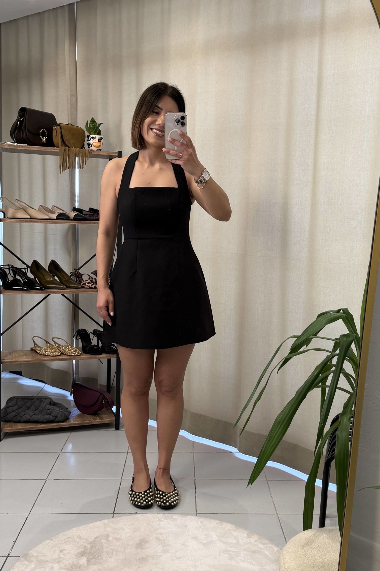 Boyundan Bağlı Mini Elbise Siyah