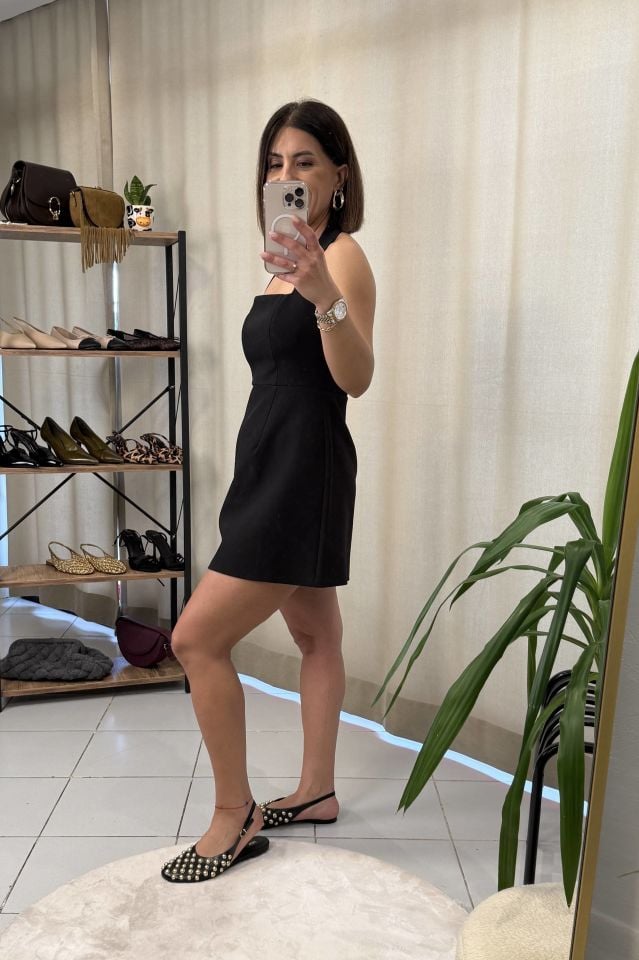 Boyundan Bağlı Mini Elbise Siyah
