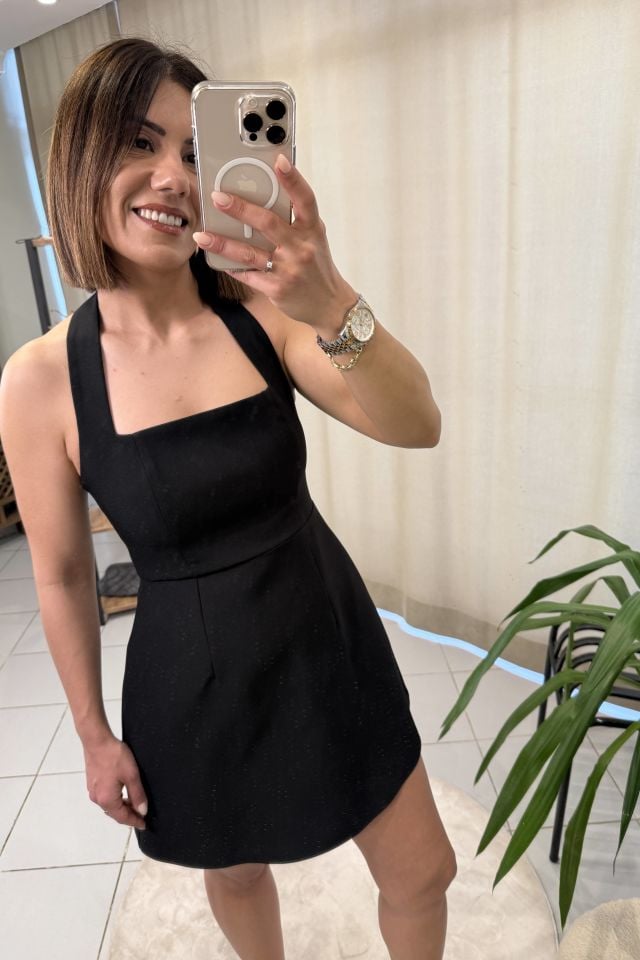 Boyundan Bağlı Mini Elbise Siyah