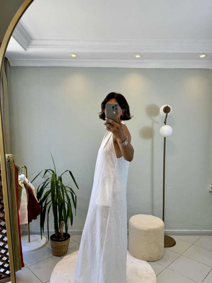 %100 Ham Keten Maxi Elbise Beyaz