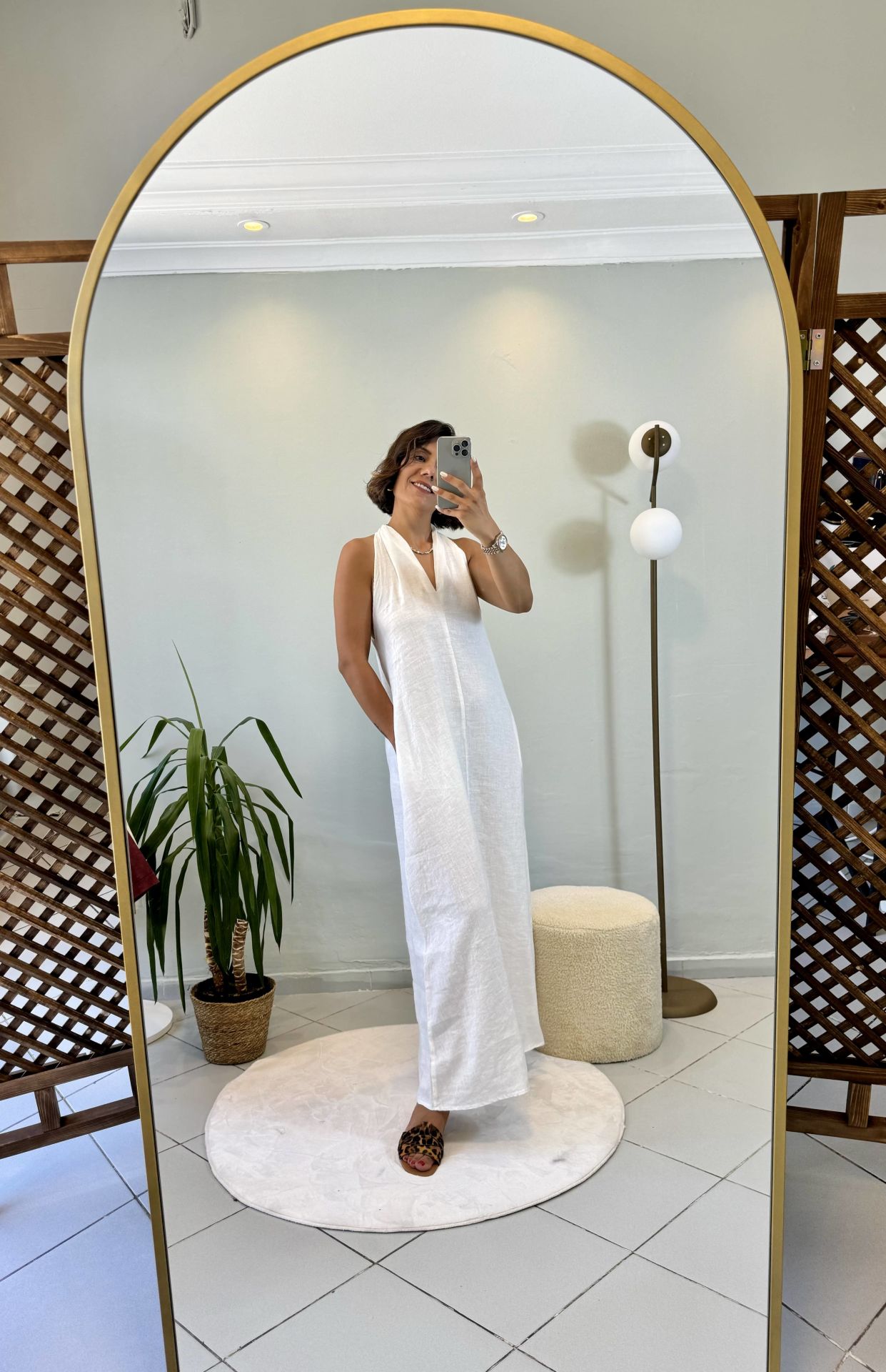 %100 Ham Keten Maxi Elbise Beyaz