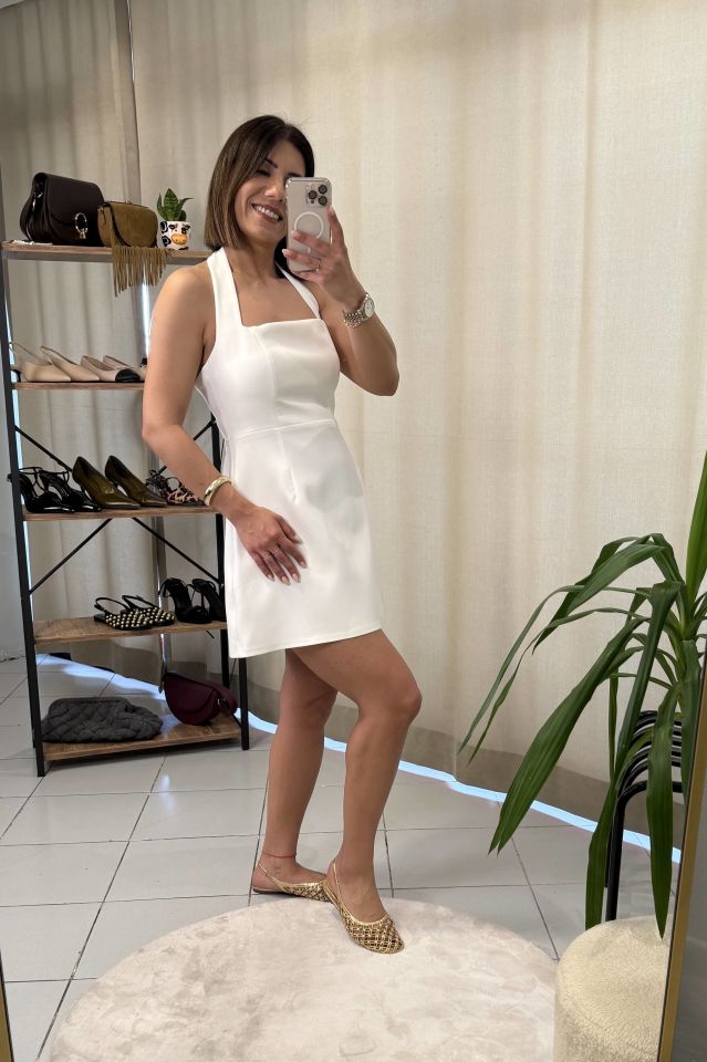 Boyundan Bağlı Mini Elbise Beyaz
