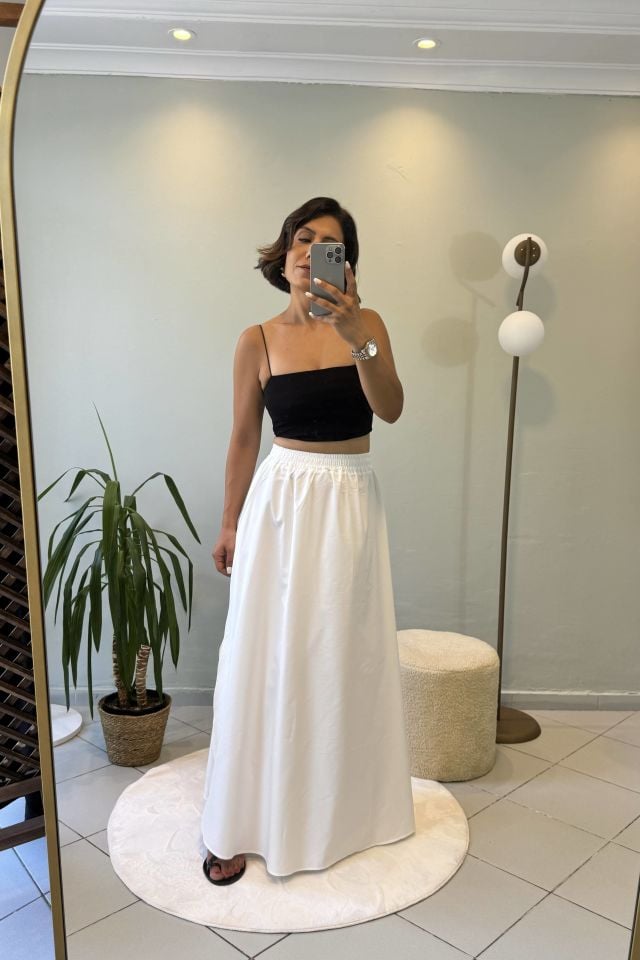 Yırtmaçlı Beli Lastikli Maxi Etek Beyaz
