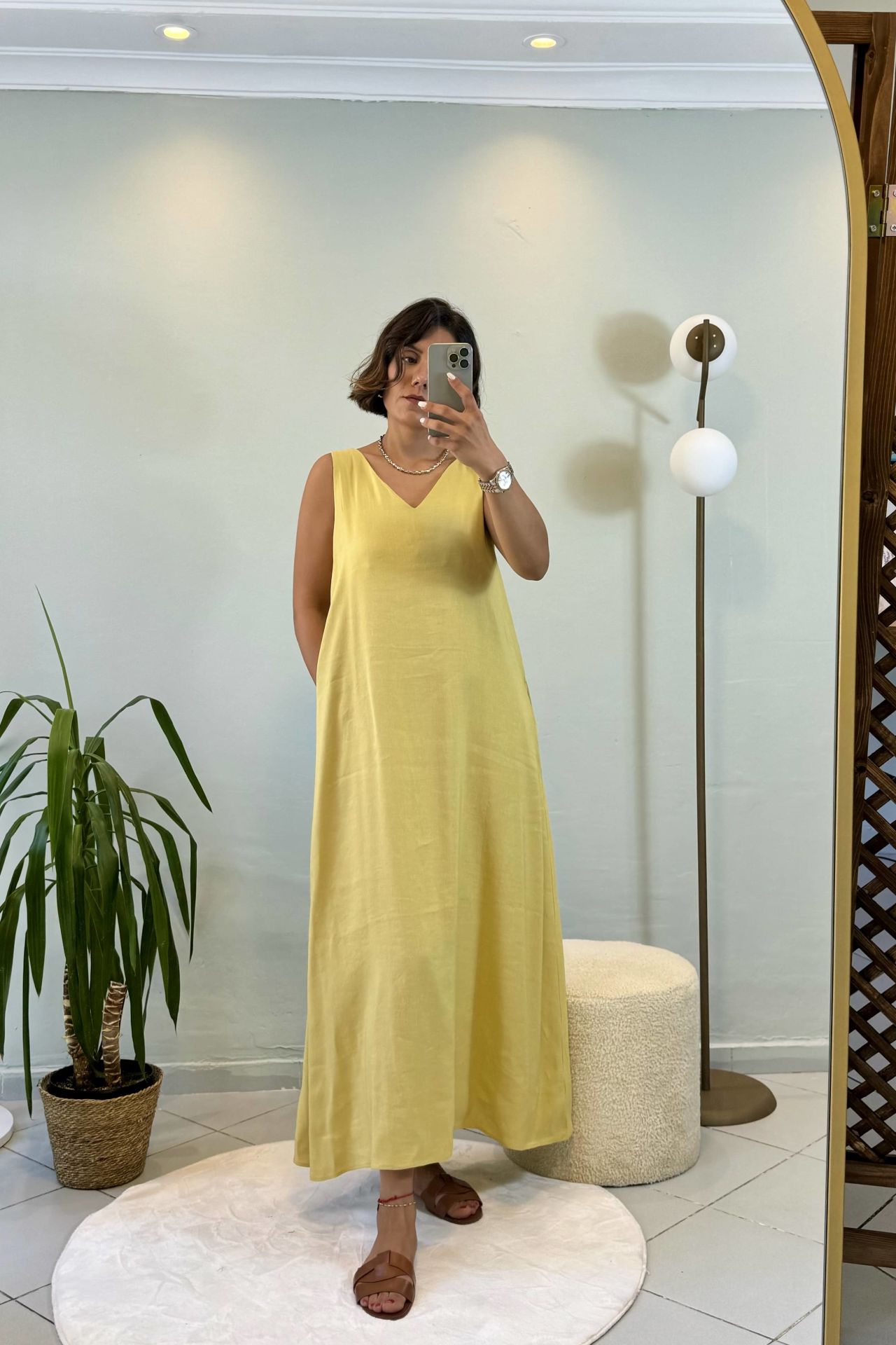 Keten Maxi V Yaka Elbise Hardal