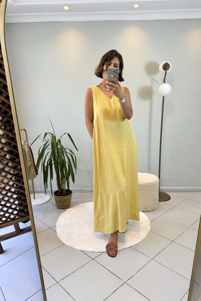 Keten Maxi V Yaka Elbise Hardal