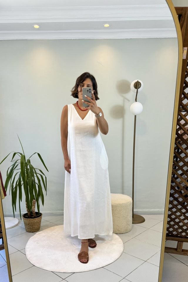 Keten Maxi V Yaka Elbise Beyaz
