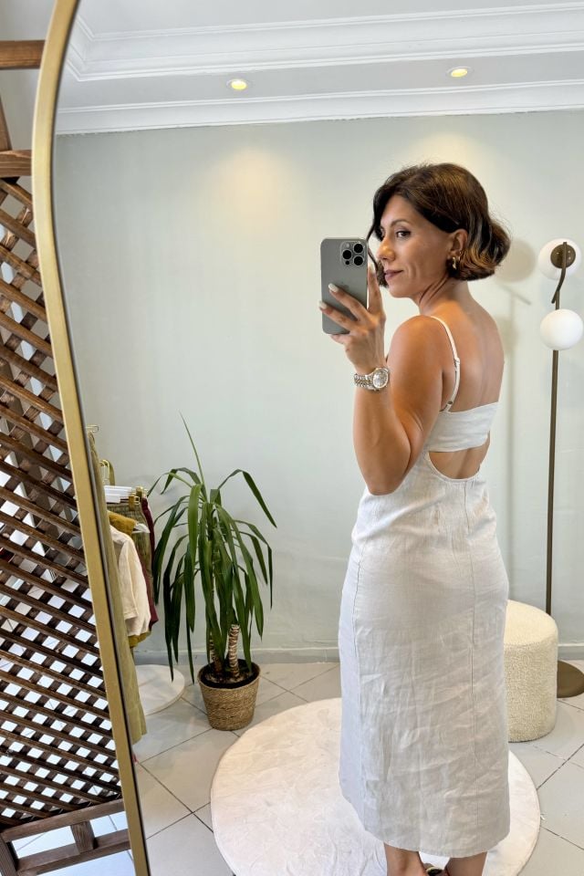 Keten Sırt Dekolteli Midi Yırtmaçlı Elbise Bej