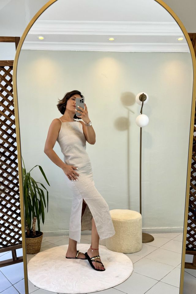 Keten Sırt Dekolteli Midi Yırtmaçlı Elbise Bej