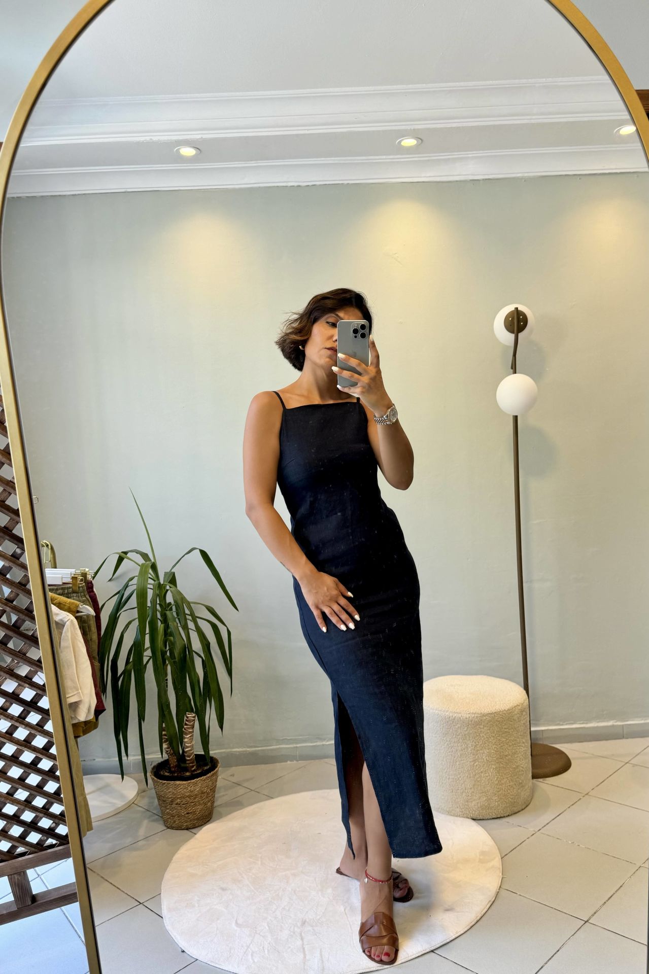 Keten Sırt Dekolteli Midi Yırtmaçlı Elbise Lacivert